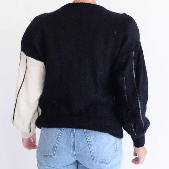 Vintage Escada Black Cream Colour Blocked Sequin Fine Knit Bat Wing Sweater M - Picture 3 of 11